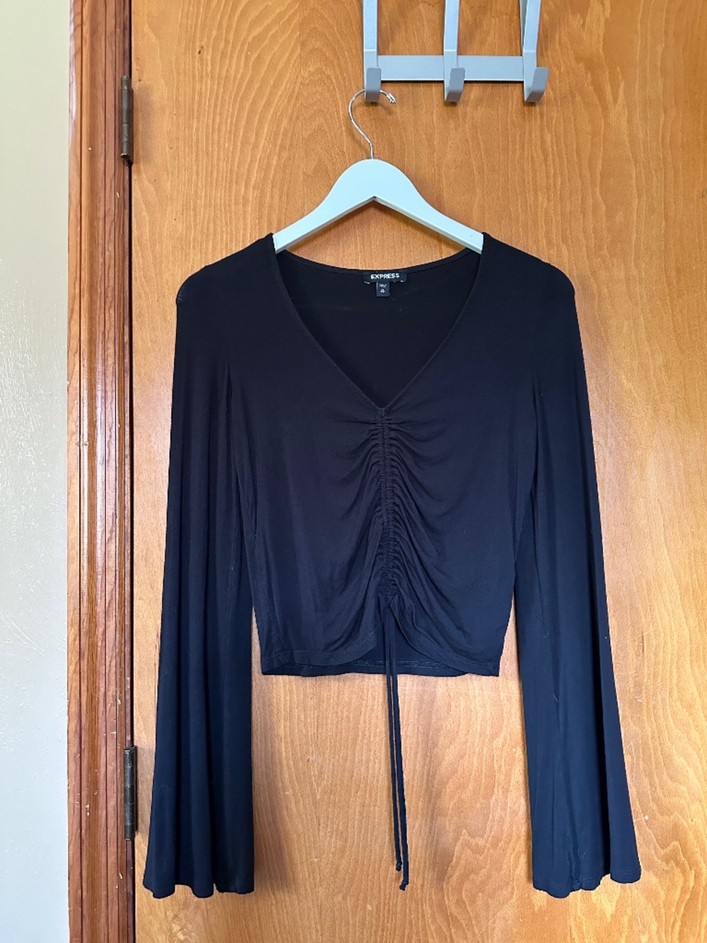 Express Black Ruched Bell Sleeve Crop Top XS